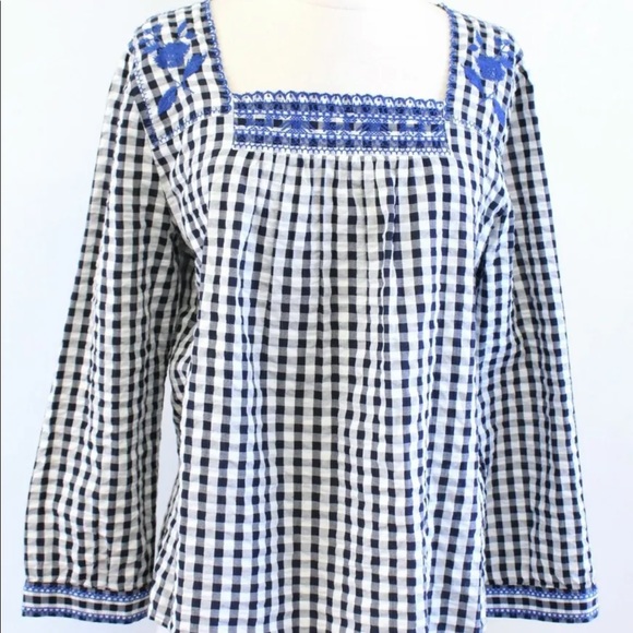J Crew Navy White Gingham Plaid Blue Floral Embroidered Peasant Top Size Small - Picture 4 of 6